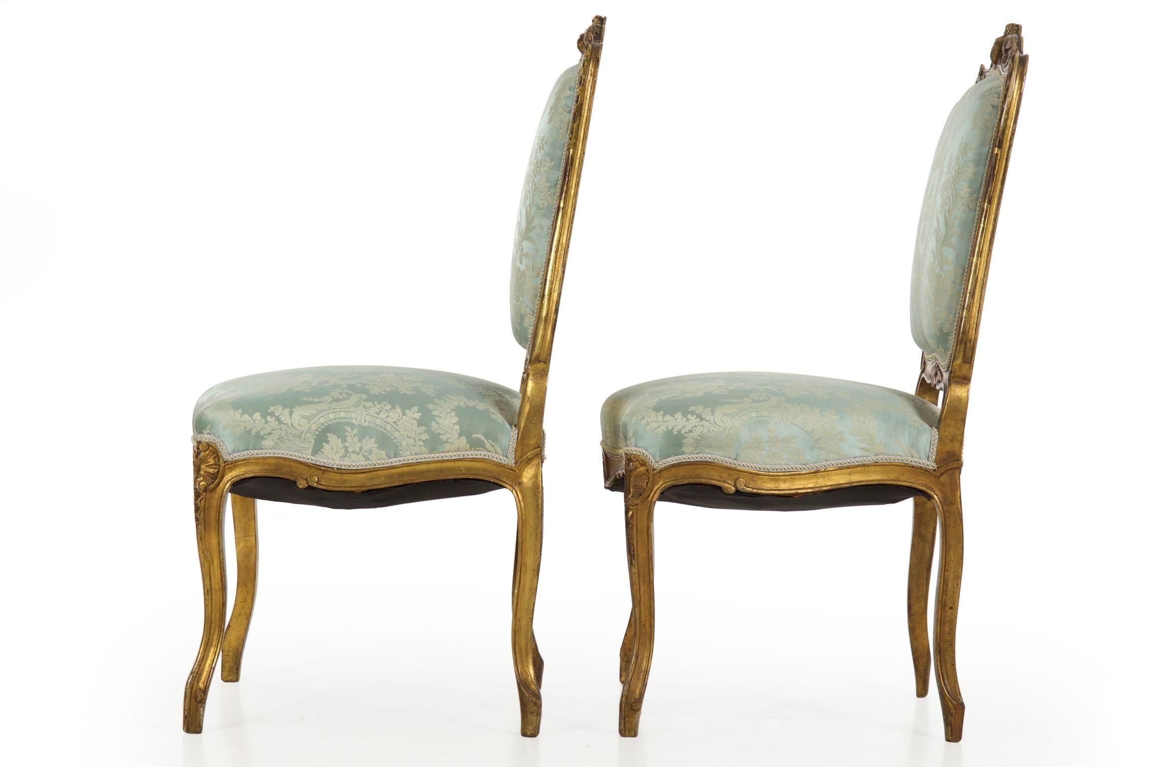 Pair of Antique French Louis XV Style Blue Silk Accent Side Chairs 4