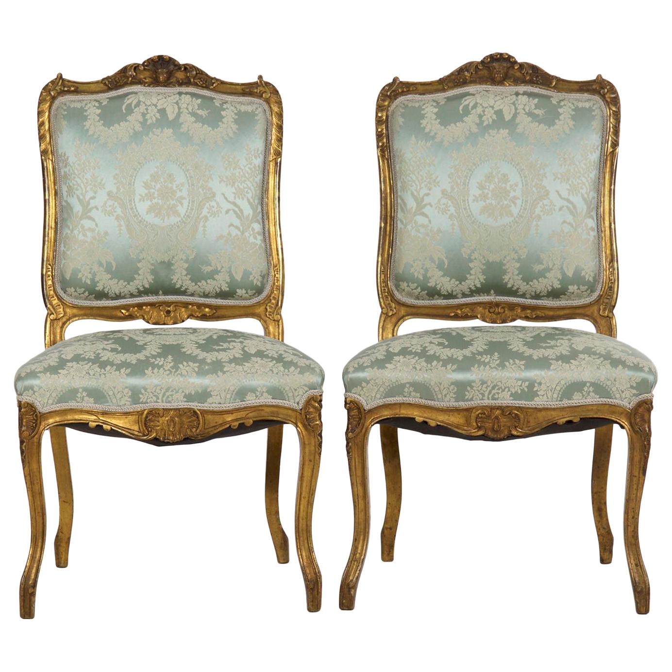 Pair of Antique French Louis XV Style Blue Silk Accent Side Chairs