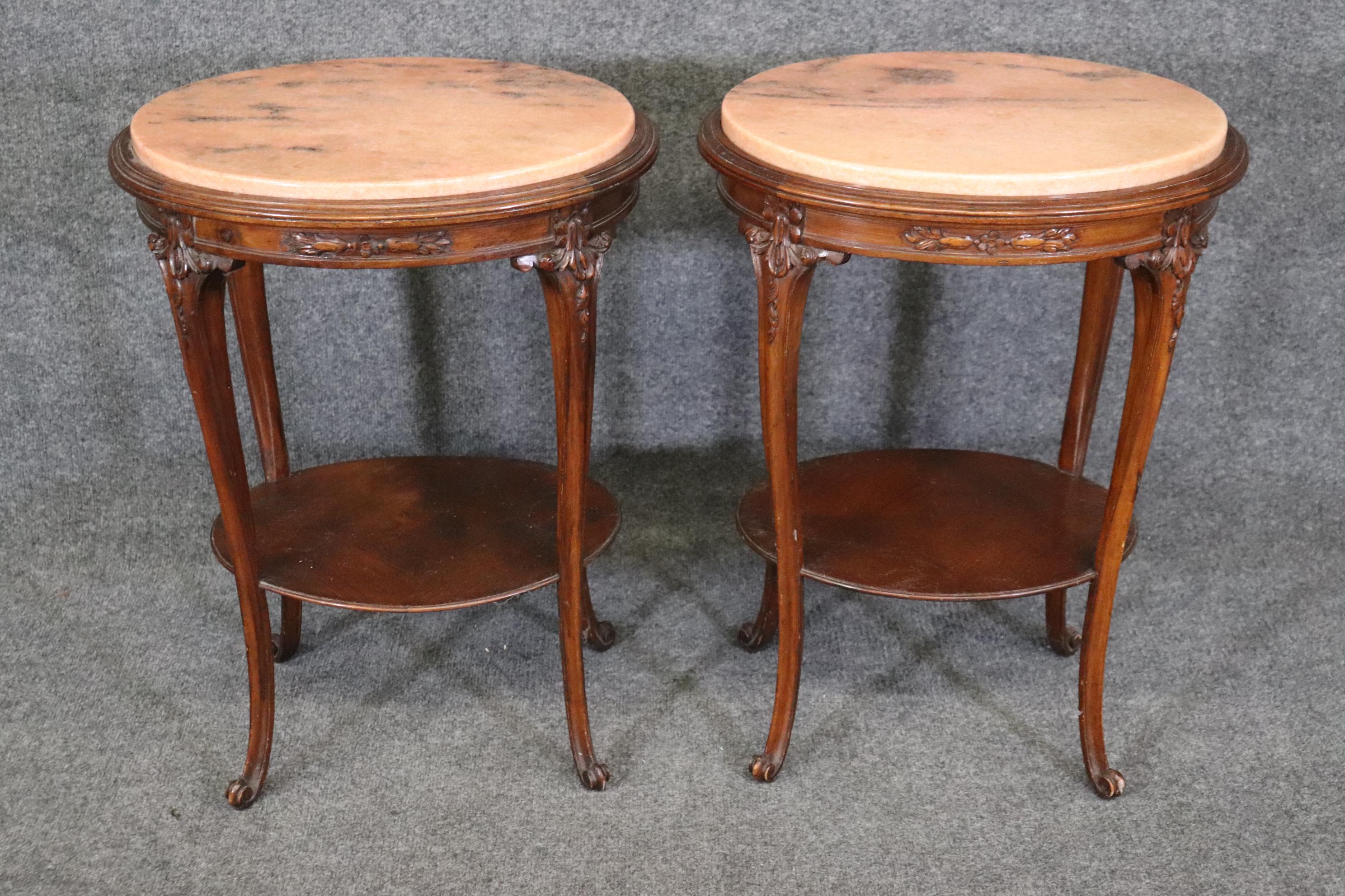 Carved Pair of Antique French Louis XV Style Granite Top End Tables