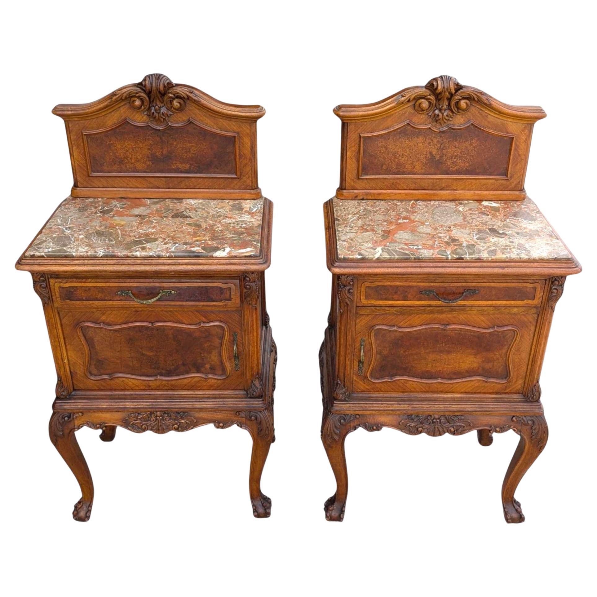 Pair of Antique French Louis XV Style Nightstands with Marble Tops, circa 1900 For Sale