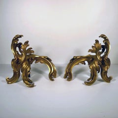 Pair of Antique French Louis XV Style Rococo Gilt Bronze Chenets