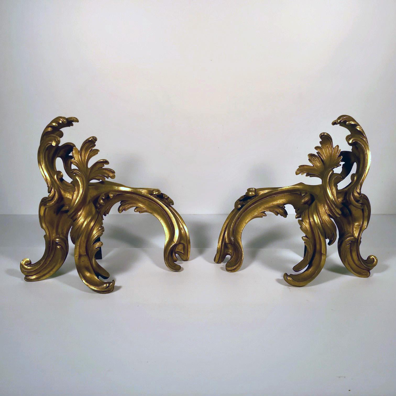 Cast Pair of Antique French Louis XV Style Rococo Gilt Bronze Chenets For Sale