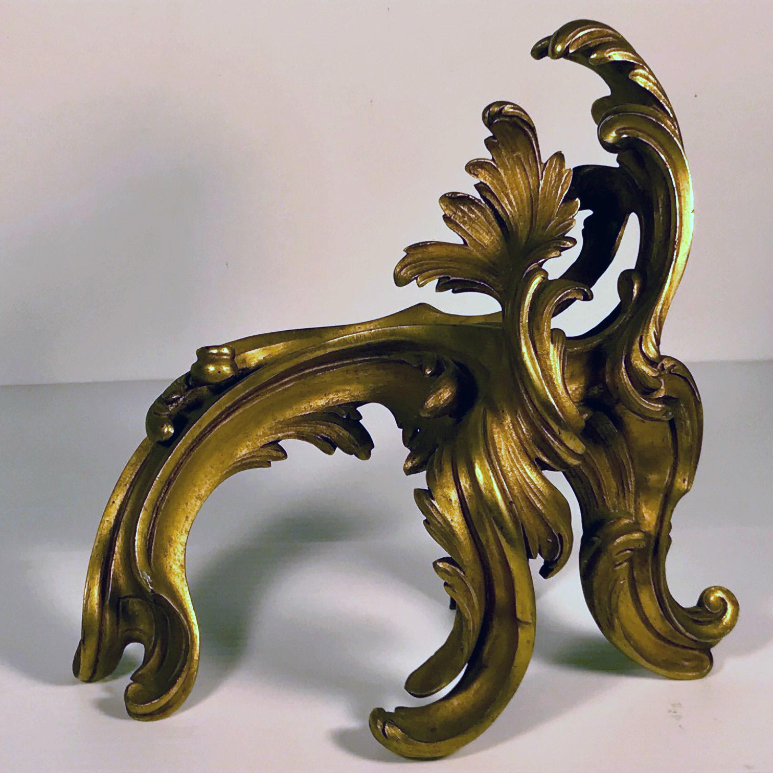 Pair of Antique French Louis XV Style Rococo Gilt Bronze Chenets For Sale 1