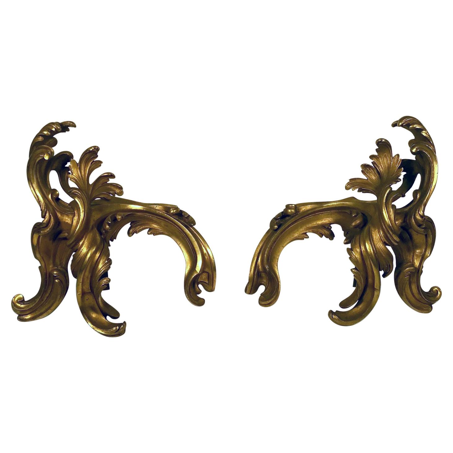 Pair of Antique French Louis XV Style Rococo Gilt Bronze Chenets