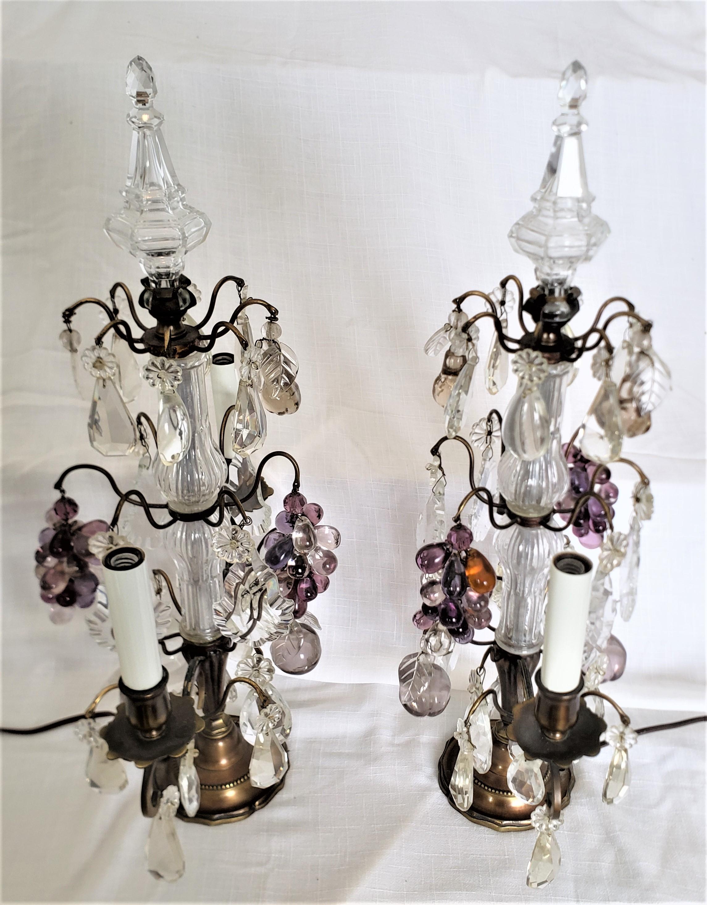 Machine-Made Pair of Antique French Louis XV Styled Brass & Cut Crystal Lamps & Glass Fruits For Sale
