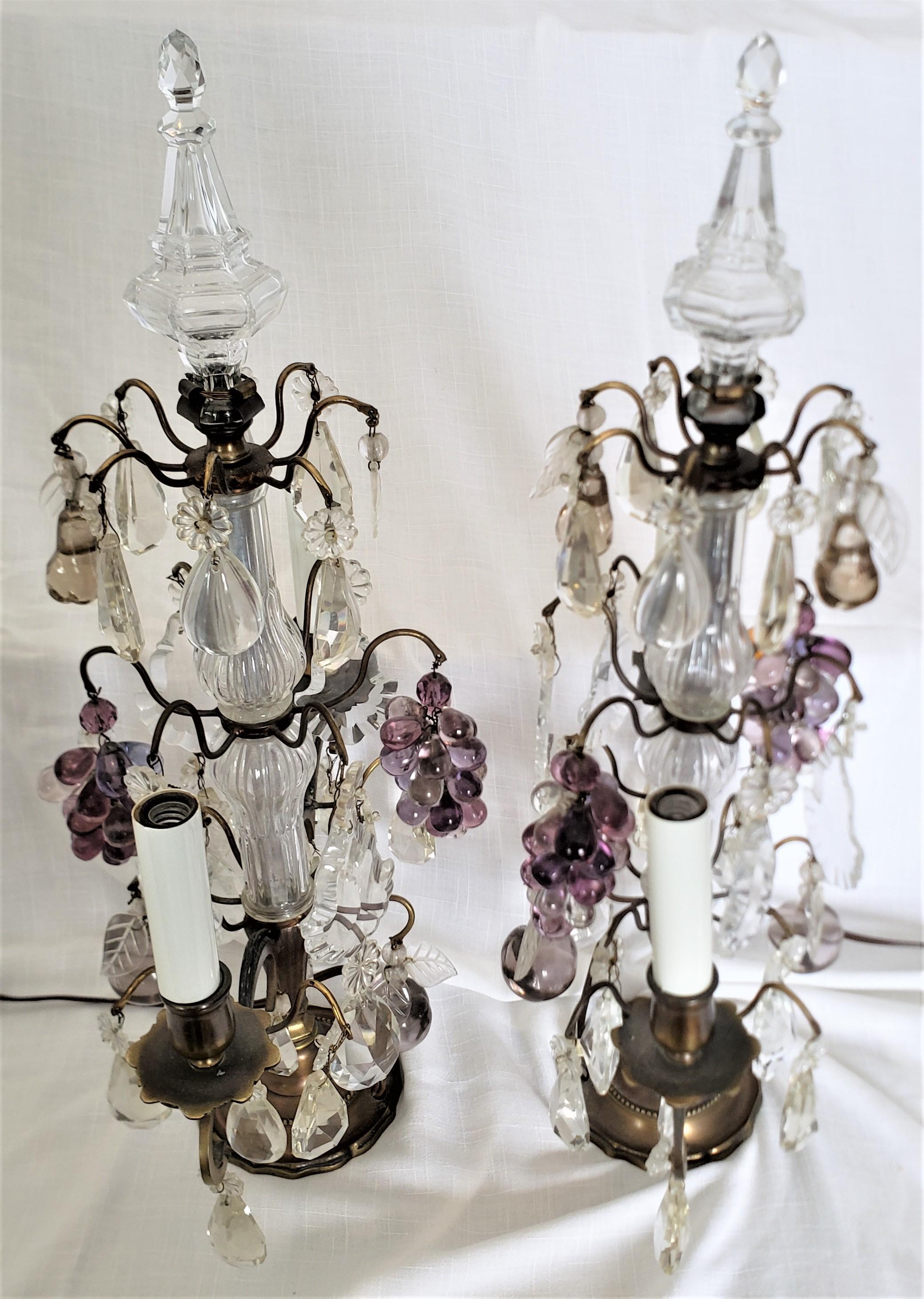 20th Century Pair of Antique French Louis XV Styled Brass & Cut Crystal Lamps & Glass Fruits For Sale