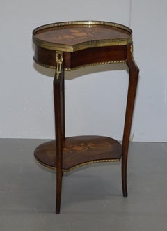 Pair of Antique French Louis XVI Brass Rail Floral Inalid Side End Lamp Tables