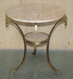 PAIR OF ANTiQUE FRENCH LOUIS XVI BRASS RAMS HEAD GUERIDON MARBLE TOP TABLES