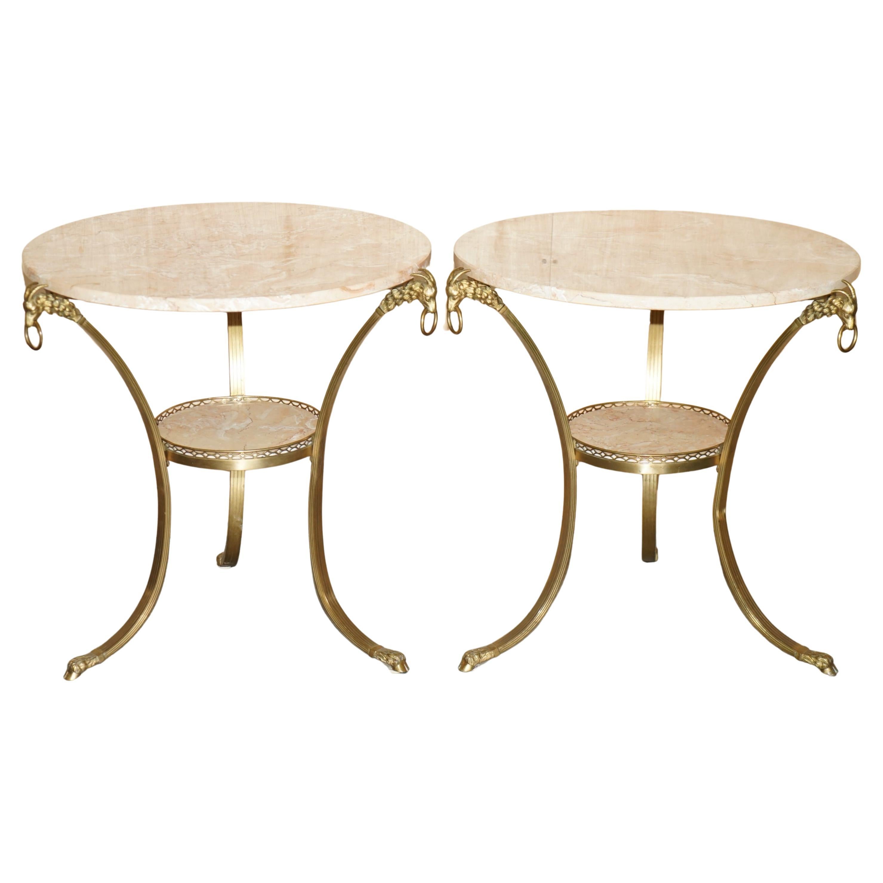 PAIRE DE TABLES ANTiQUE FRANCAISE LOUIS XVI EN MARBRE GUERIDON TÊTE DE RAMS EN LAITON