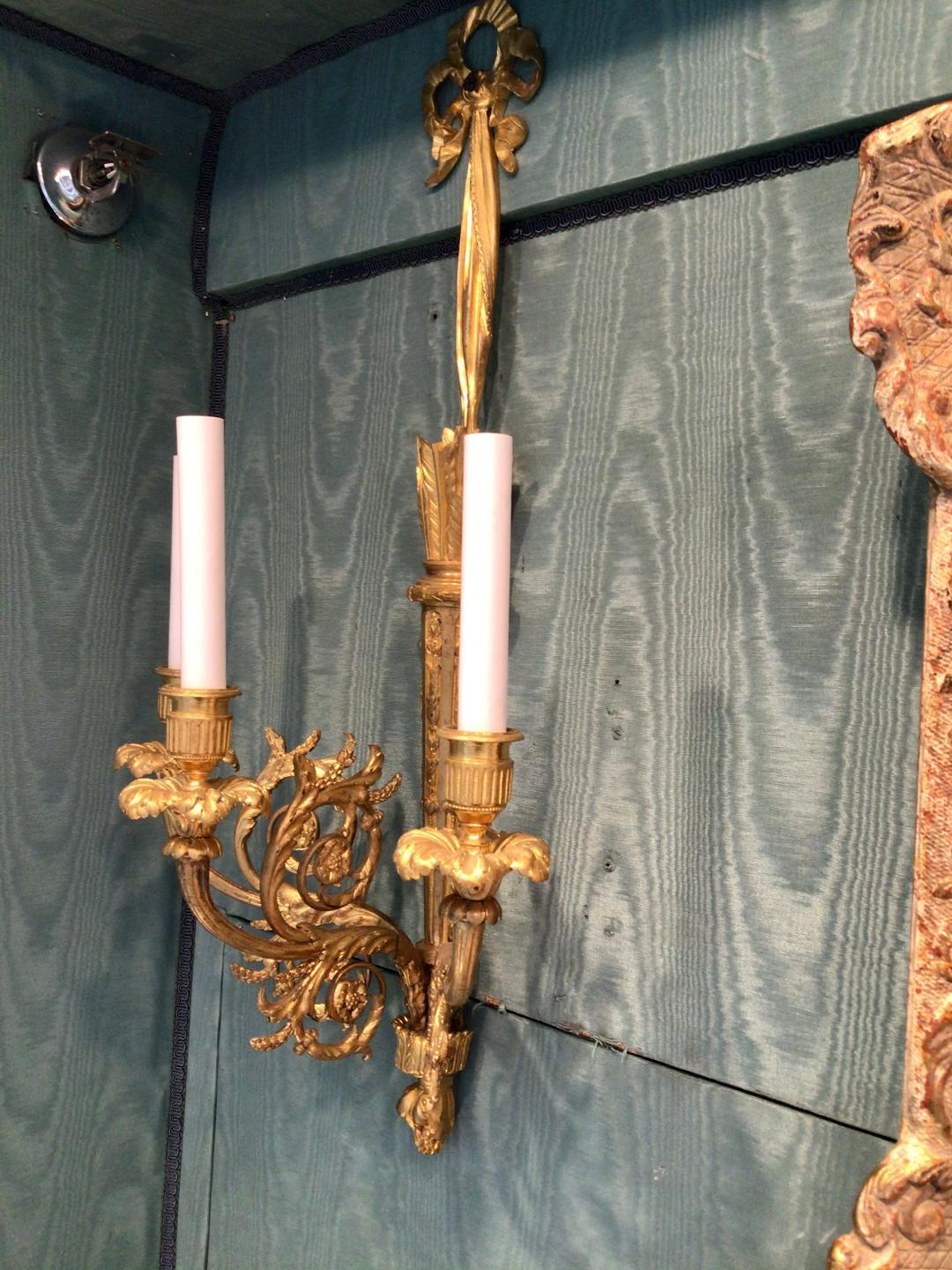 19th Century Pair of Antique French Louis XVI Bronze D'ore Wall Sconces For Sale