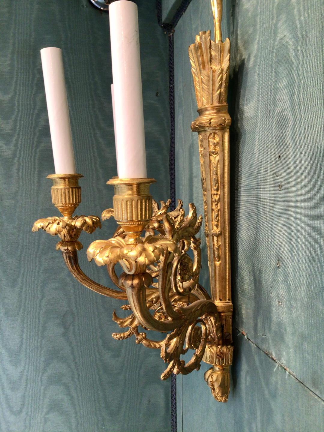 Pair of Antique French Louis XVI Bronze D'ore Wall Sconces For Sale 1