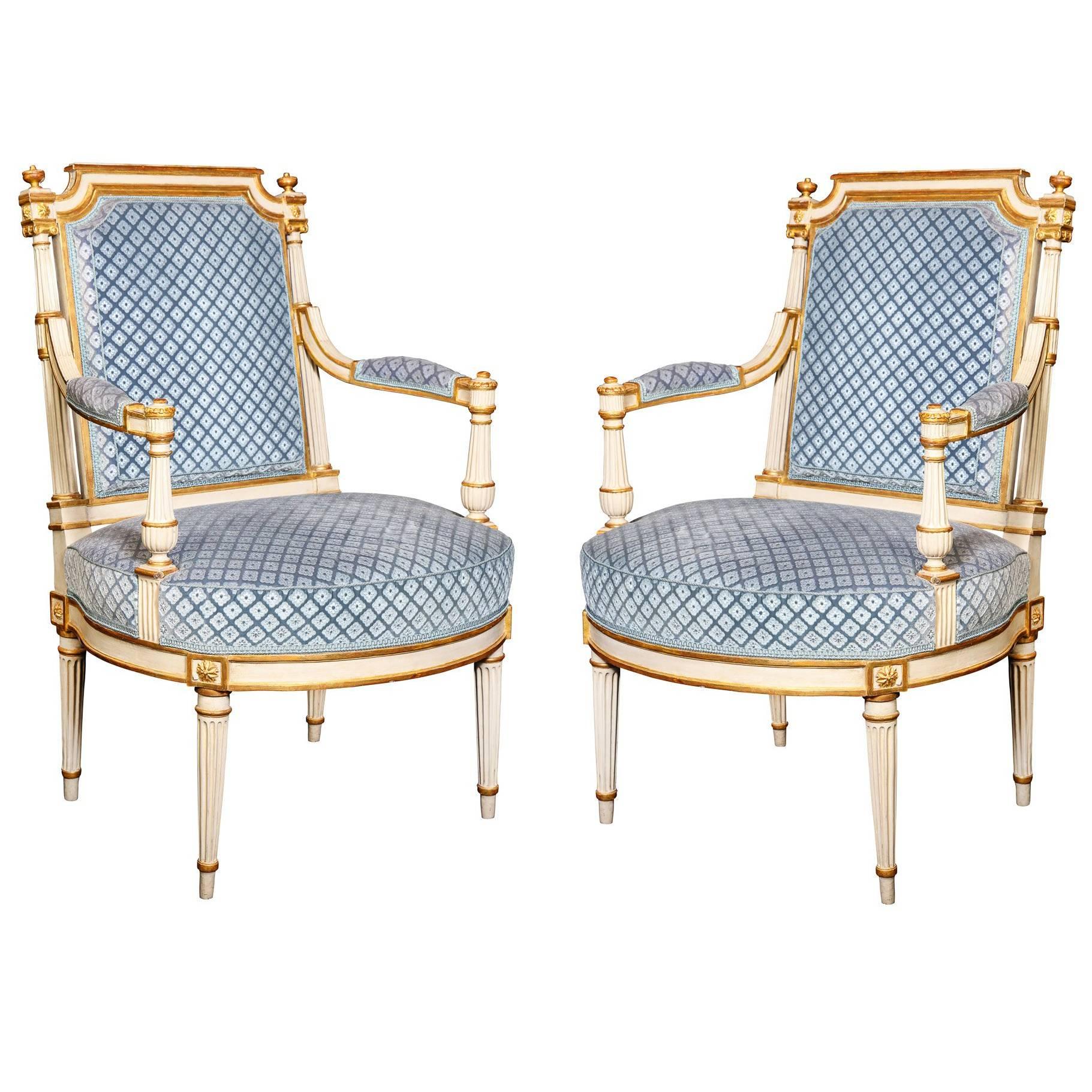 Pair of Antique French Louis XVI Carved Giltwood and Painted Armchairs
