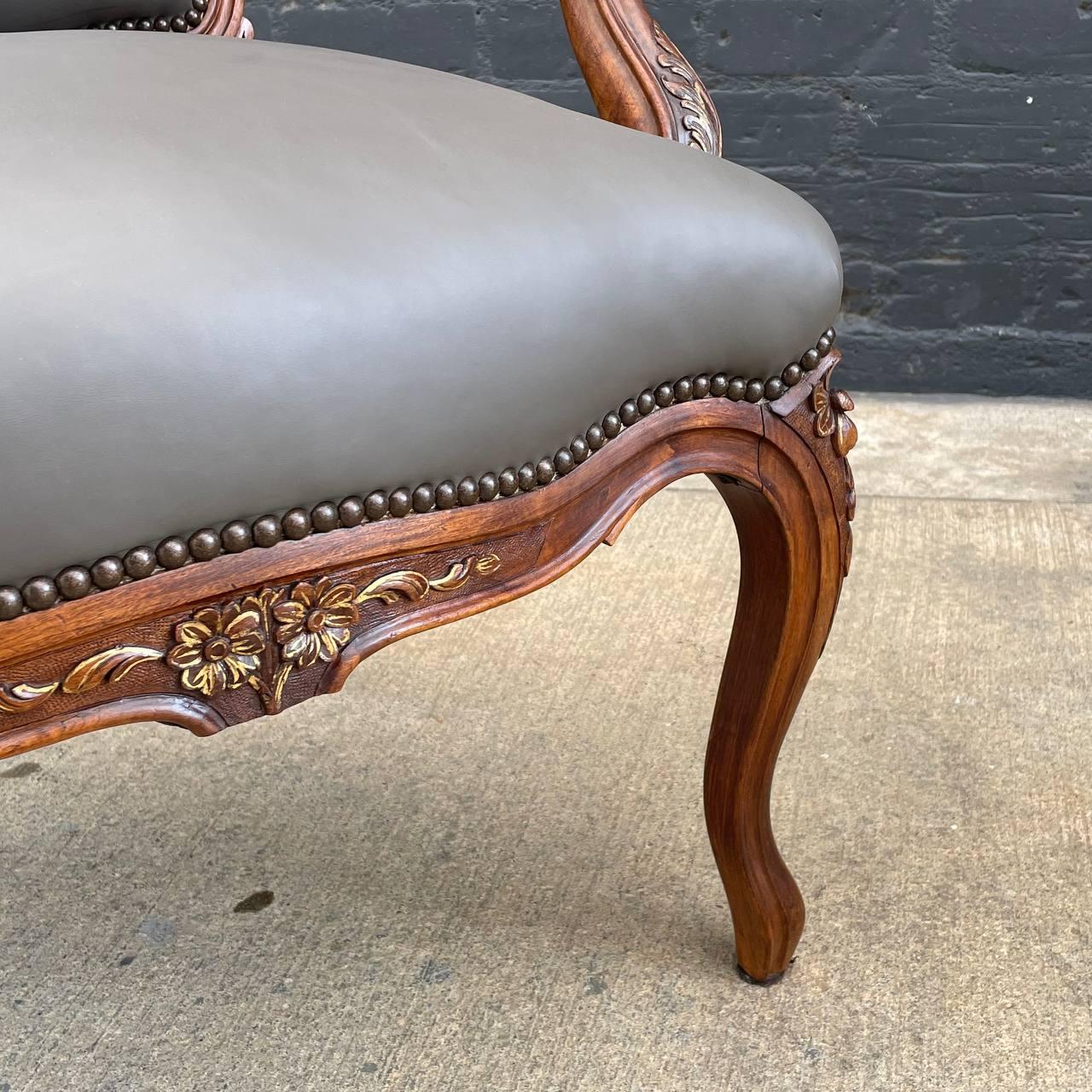 Pair of Antique French Louis XVI Carved Wood & Leather Arm Chairs For Sale 6