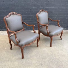 Pair of Antique French Louis XVI Carved Wood & Leather Arm Chairs