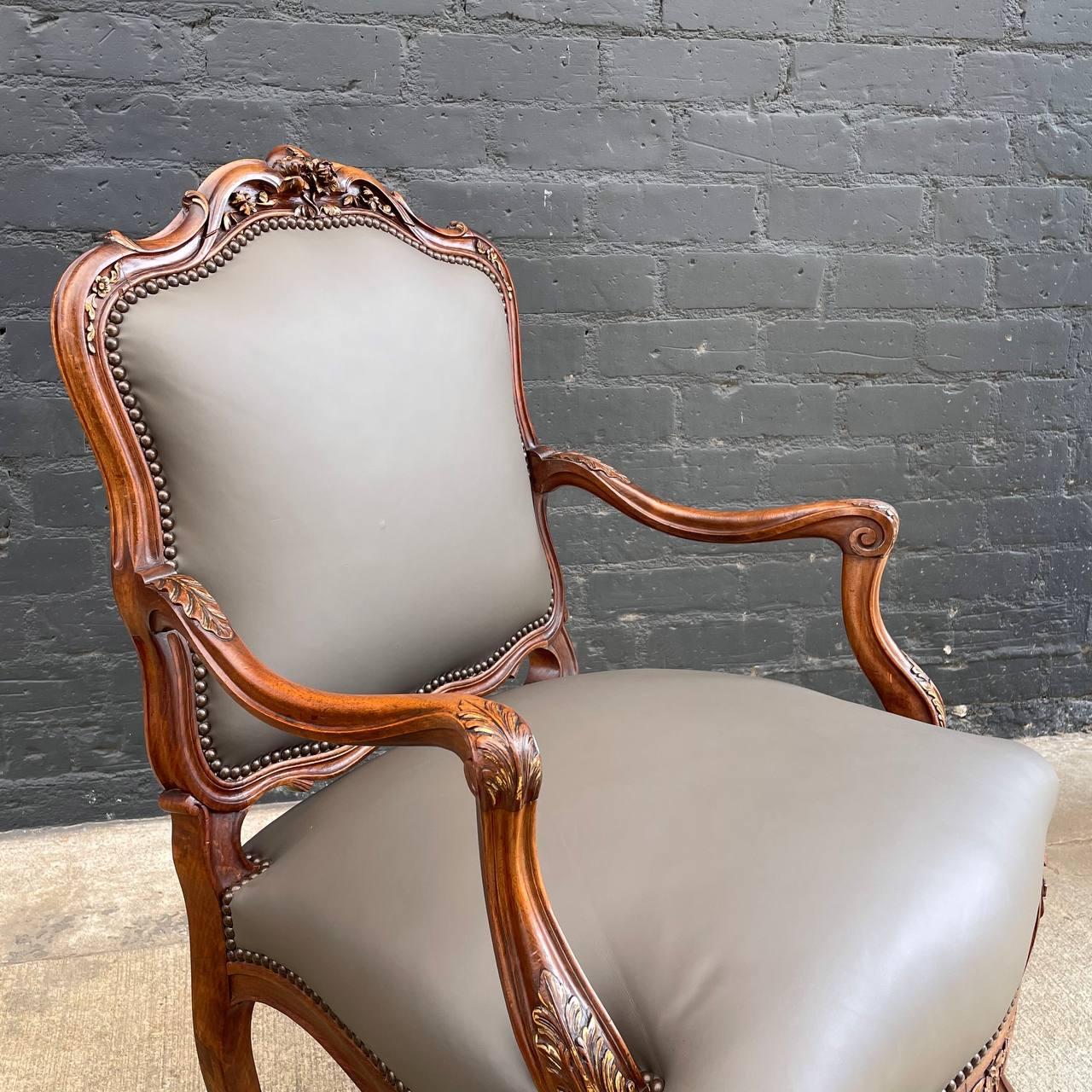 Pair of Antique French Louis XVI Carved Wood & Leather Arm Chairs For Sale 1