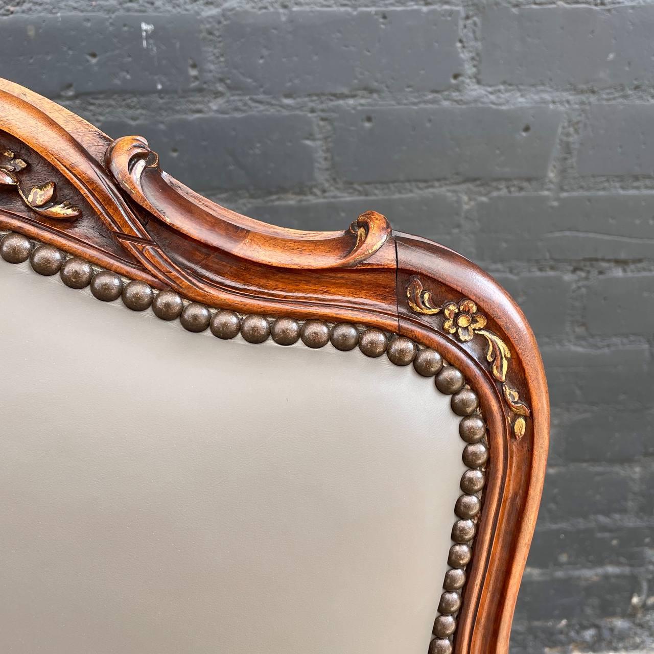 Pair of Antique French Louis XVI Carved Wood & Leather Arm Chairs For Sale 4