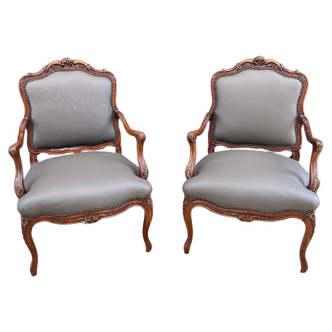 Pair of Antique French Louis XVI Carved Wood & Leather Arm Chairs For Sale