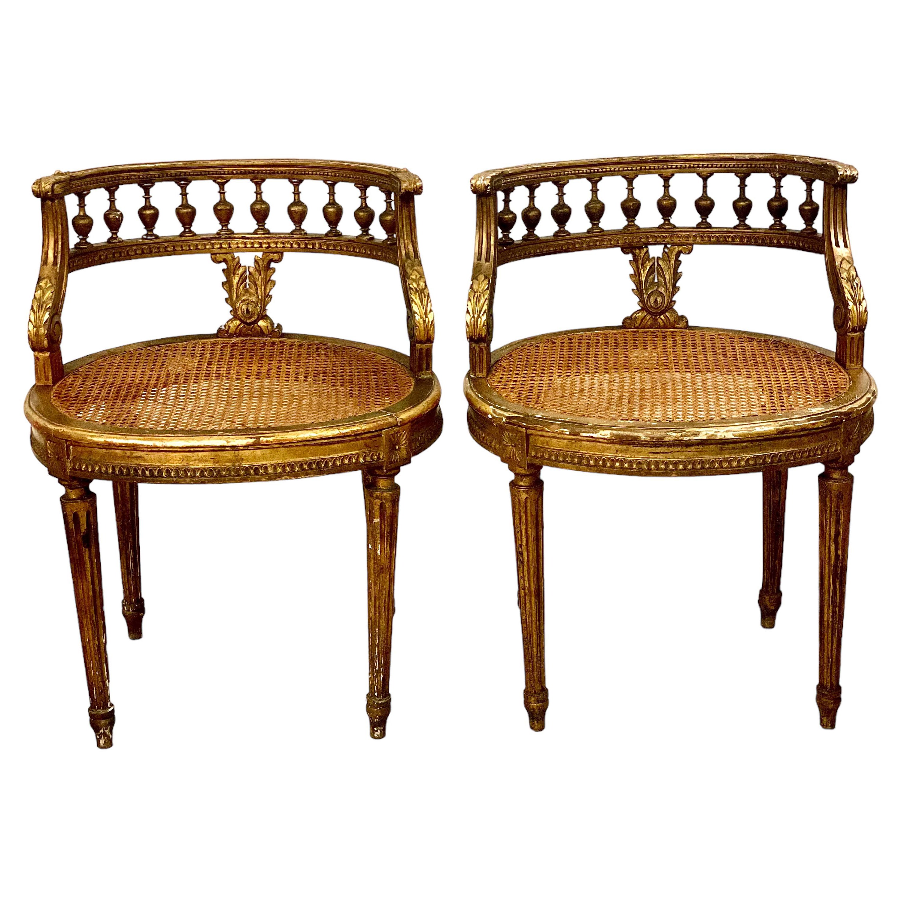Pair of Antique French Louis XVI Gilt Caned Chairs