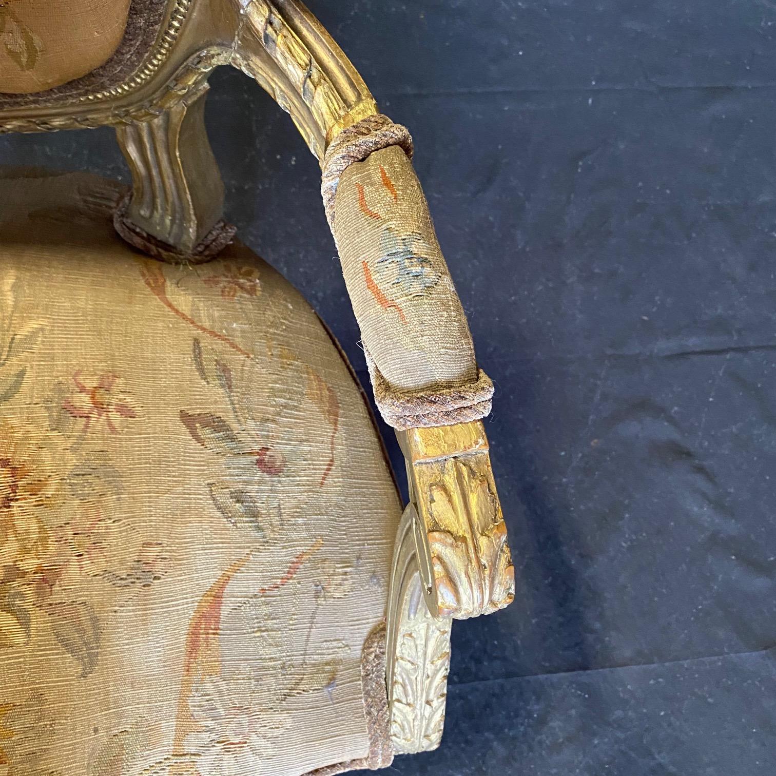 Pair of Antique French Louis XVI Giltwood Aubusson Tapestry Armchairs  For Sale 5