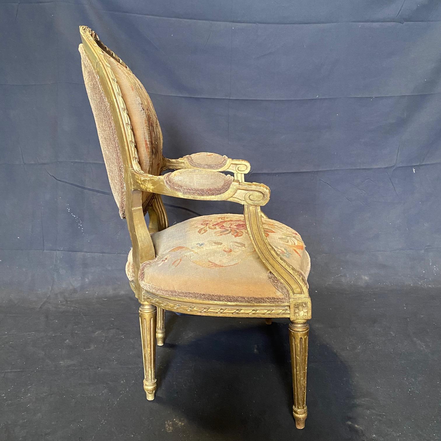 Pair of Antique French Louis XVI Giltwood Aubusson Tapestry Armchairs  For Sale 9