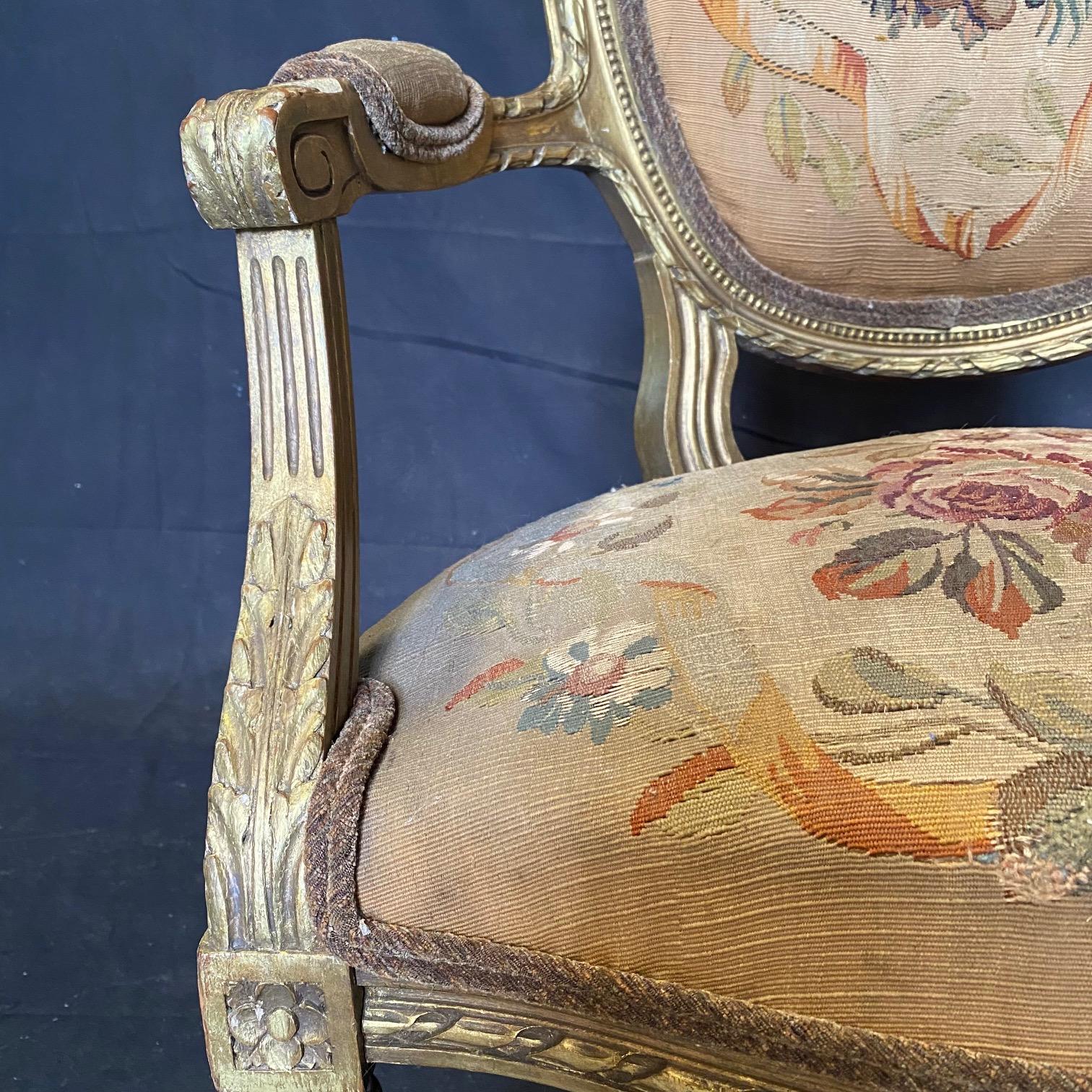 Pair of Antique French Louis XVI Giltwood Aubusson Tapestry Armchairs  For Sale 11