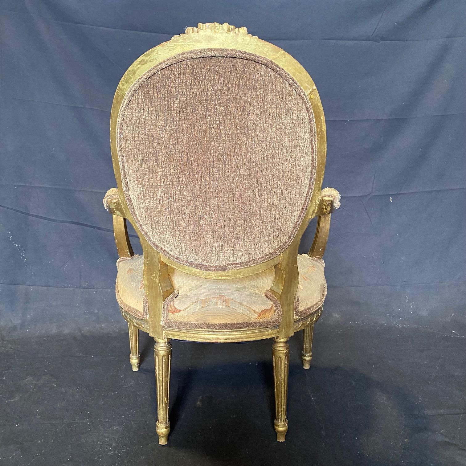 Pair of Antique French Louis XVI Giltwood Aubusson Tapestry Armchairs  In Good Condition For Sale In Hopewell, NJ