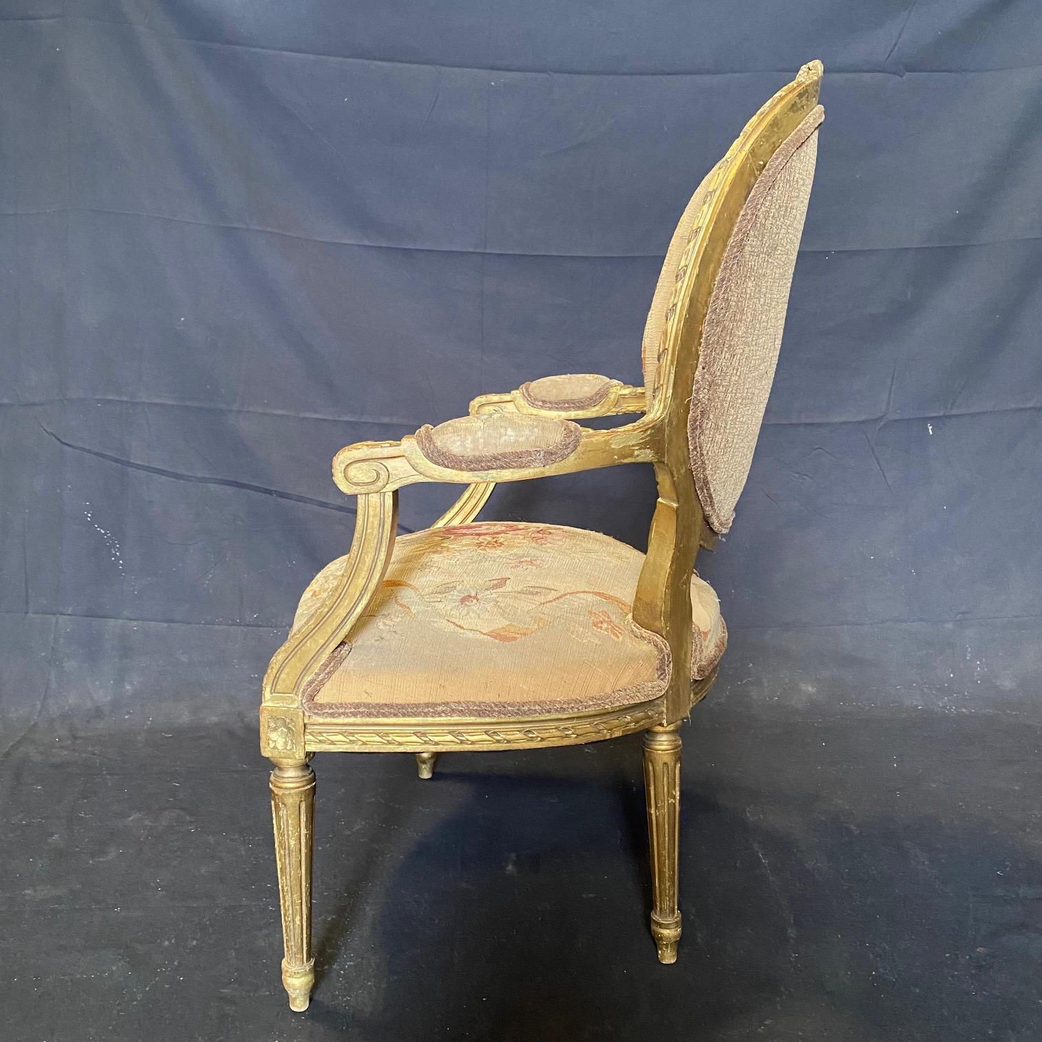 19th Century Pair of Antique French Louis XVI Giltwood Aubusson Tapestry Armchairs  For Sale
