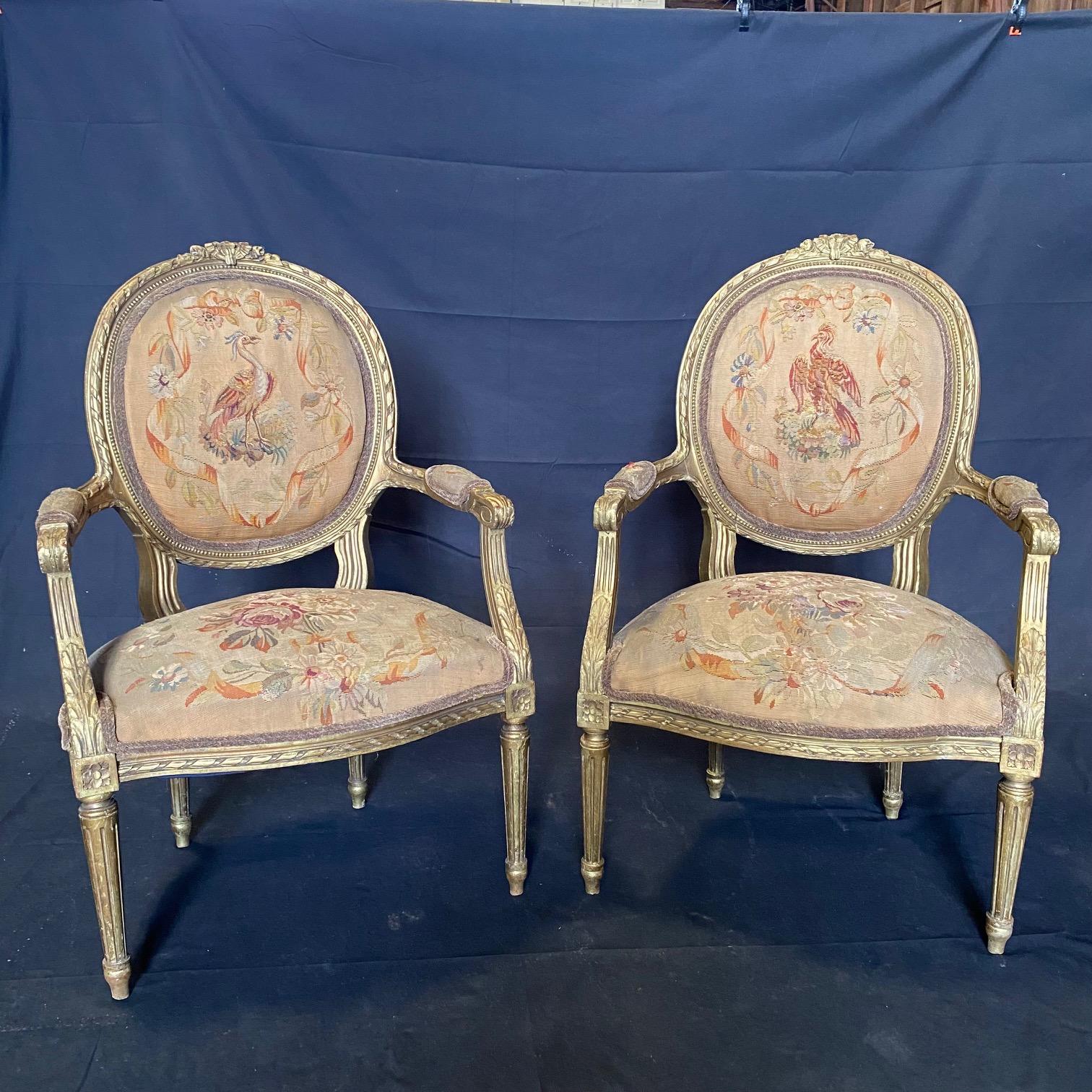 Textile Pair of Antique French Louis XVI Giltwood Aubusson Tapestry Armchairs  For Sale