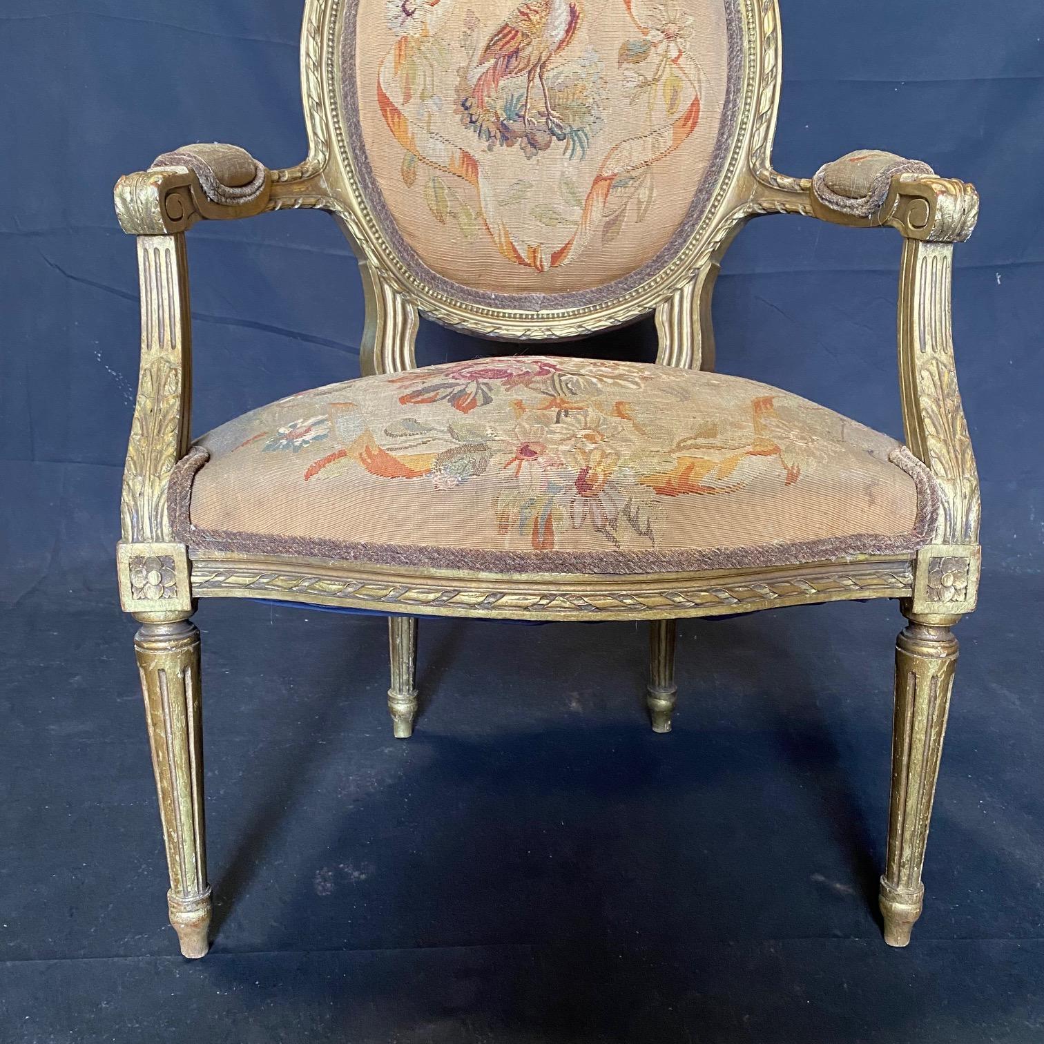 Pair of Antique French Louis XVI Giltwood Aubusson Tapestry Armchairs  For Sale 3