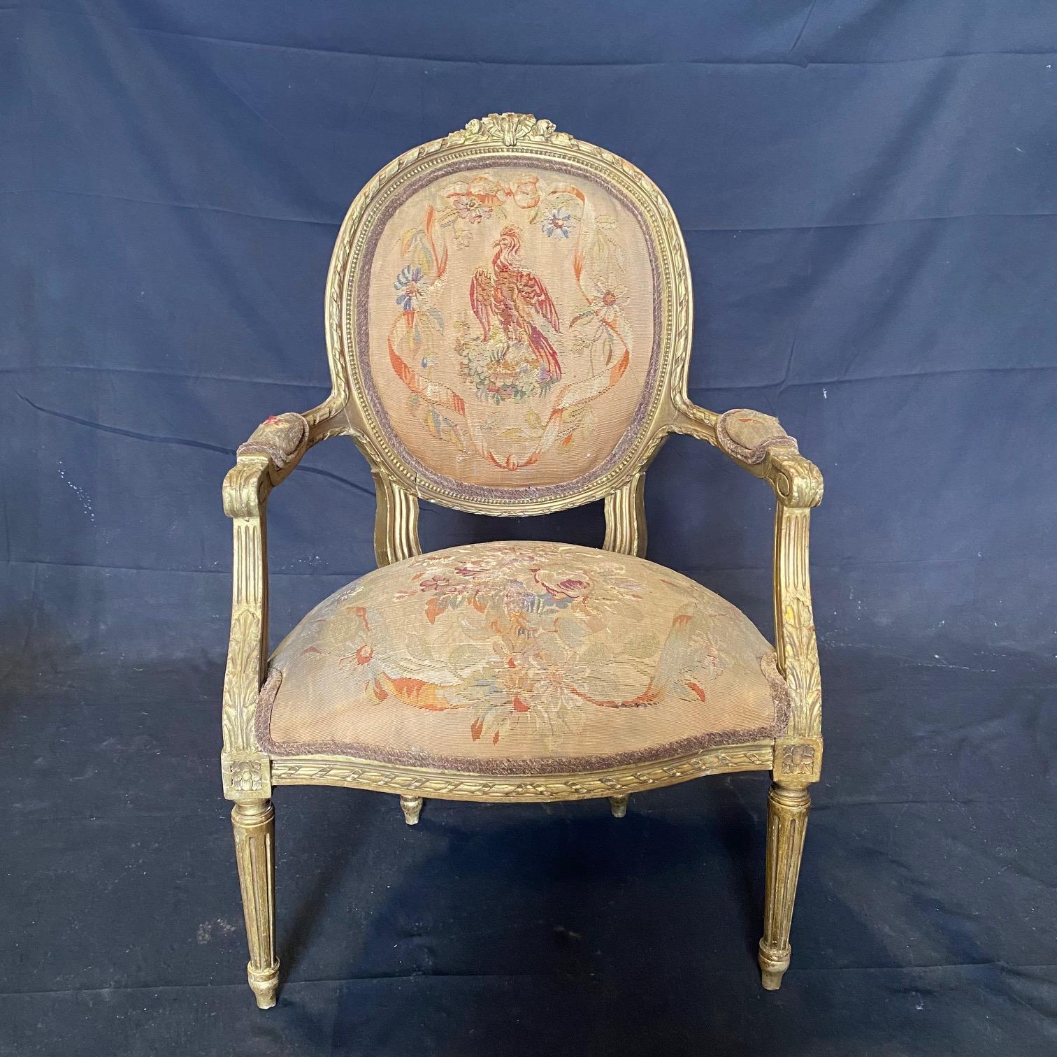 Pair of Antique French Louis XVI Giltwood Aubusson Tapestry Armchairs  For Sale 4