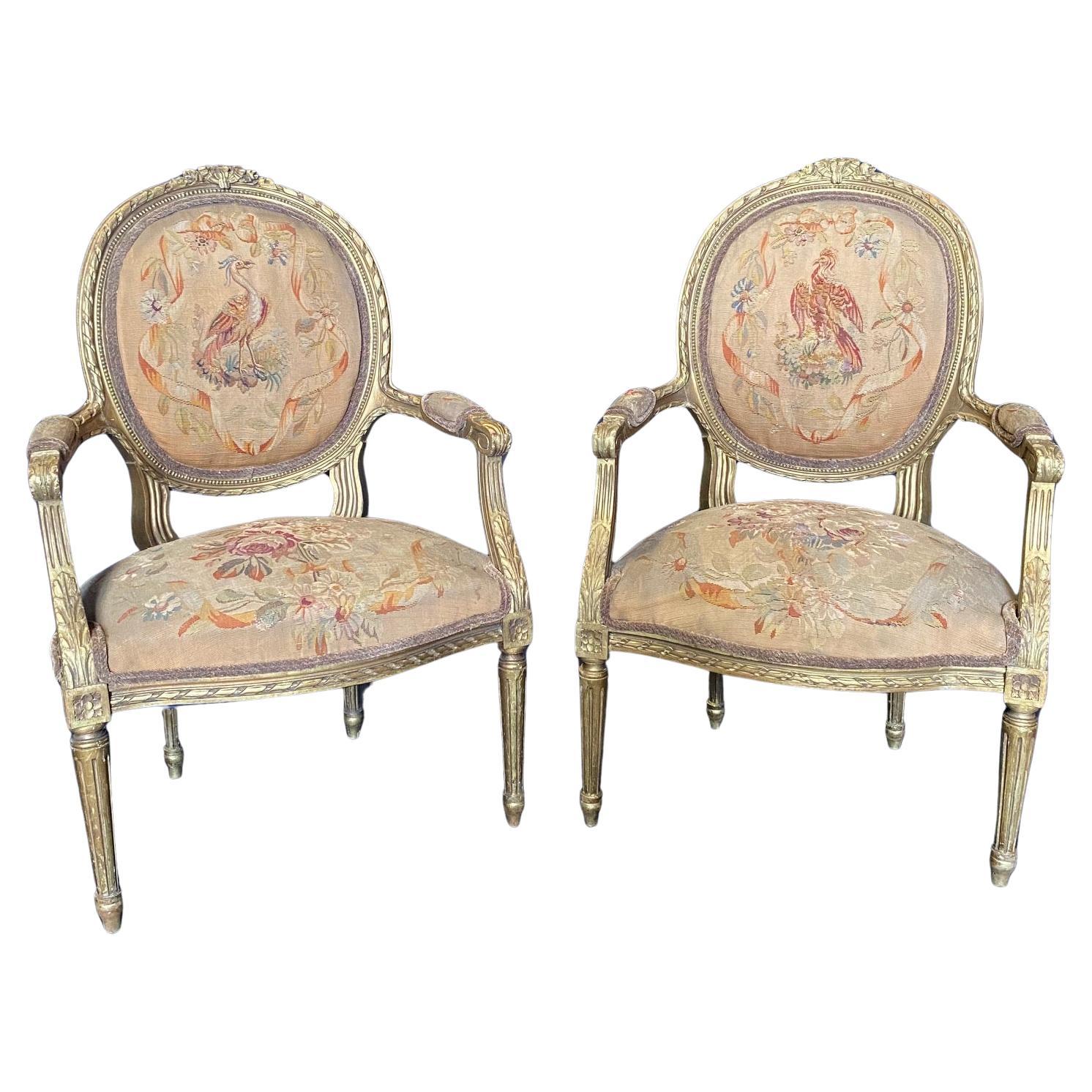 Pair of Antique French Louis XVI Giltwood Aubusson Tapestry Armchairs 