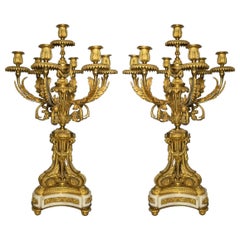 Pair of Antique French Louis XVI Gold-Bronze Carrara Marble Candelabra