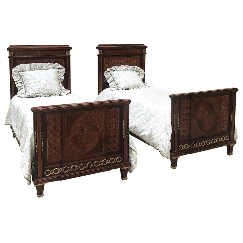 Pair of Antique French Louis XVI Mahogany Marquetry Twin Beds with Bronze Ormolu For Sale