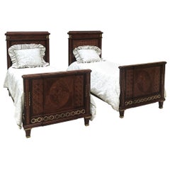 Pair of Antique French Louis XVI Mahogany Marquetry Twin Beds with Bronze Ormolu