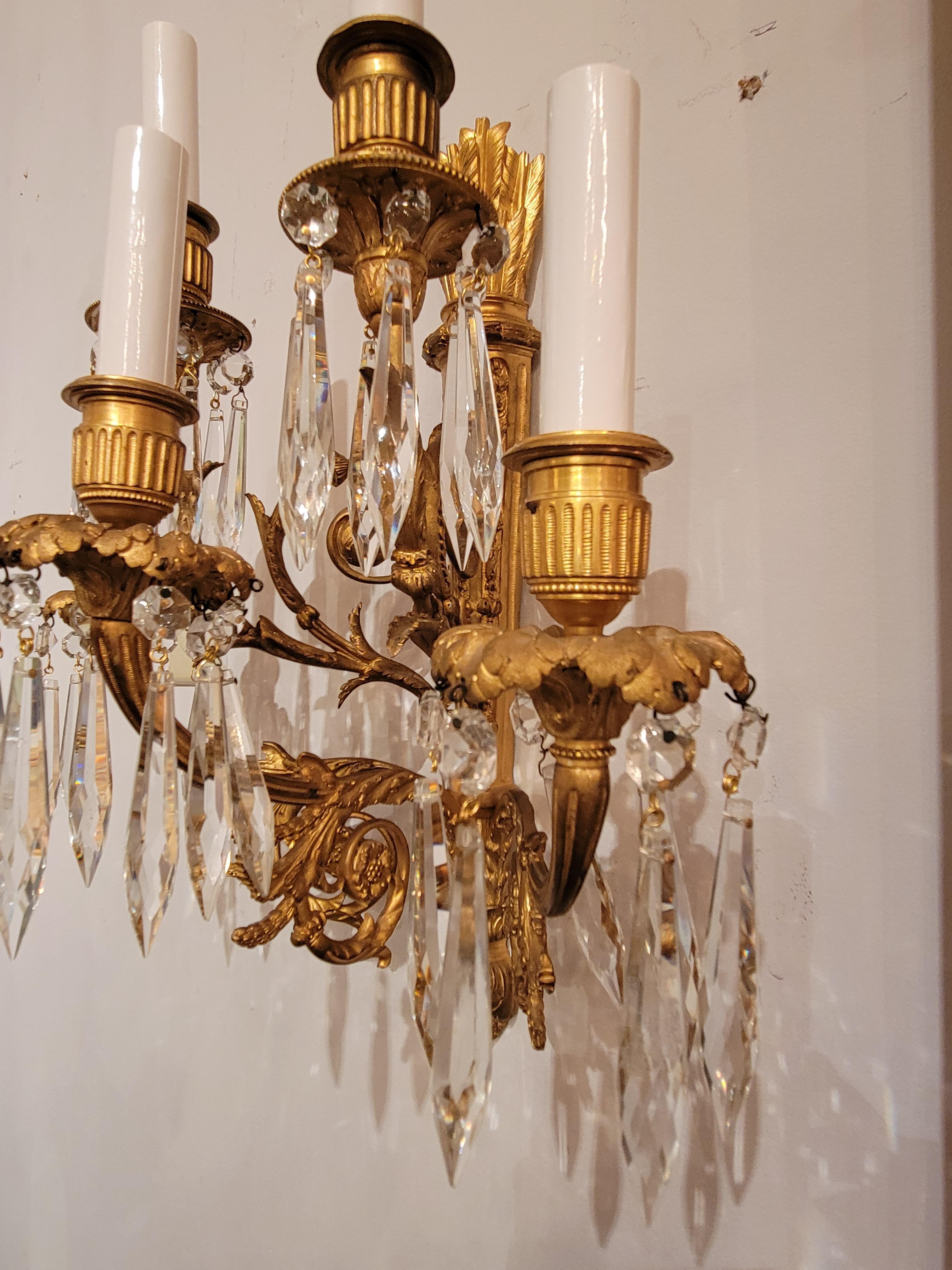 Pair of Antique French Louis XVI Ormolu and Crystal Sconces In Good Condition In New Orleans, LA