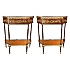 Pair of Antique French Louis XVI Ormolu Mt Mahogany Marble Top Console Tables