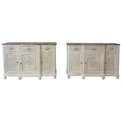 Pair of Antique French Louis XVI Painted Marble-Top Buffets