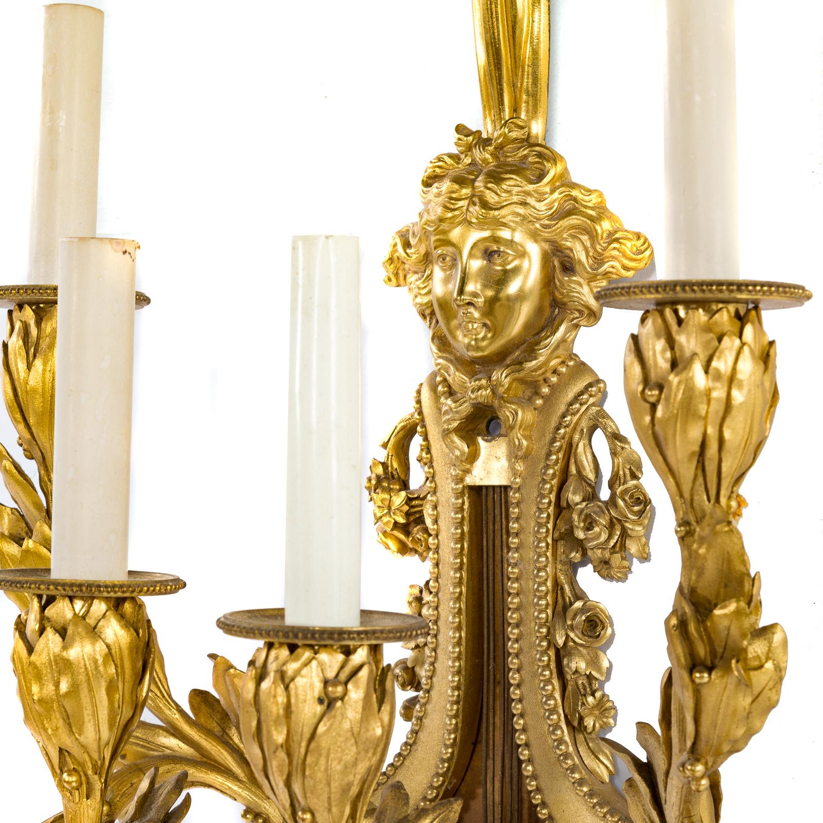 Late 19th Century Pair of Antique French Louis XVI Palatial 4-Light Wall Appliques by Henry Dasson
