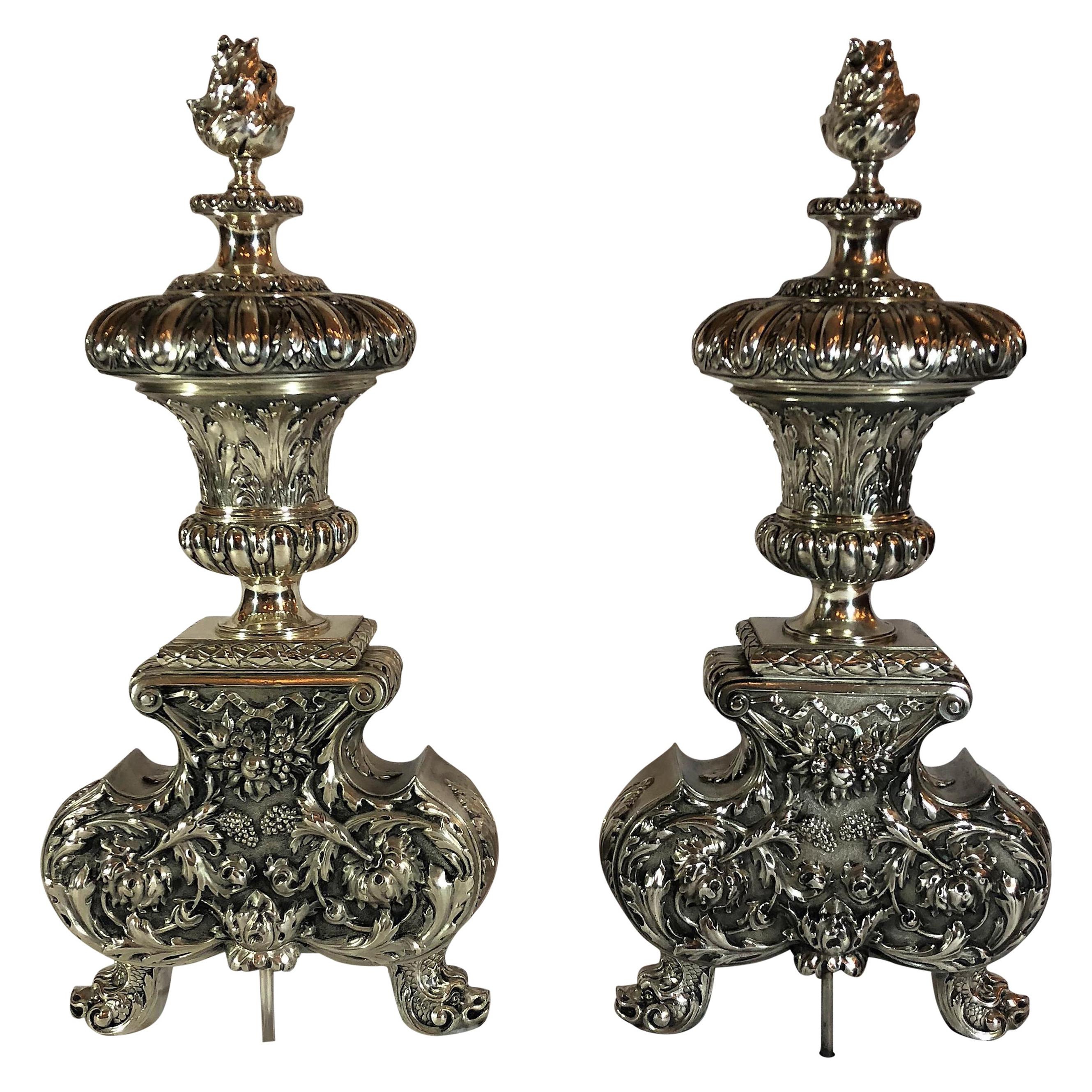 Pair of Antique French Louis XVI Silvered Bronze Andirons, circa 1810-20