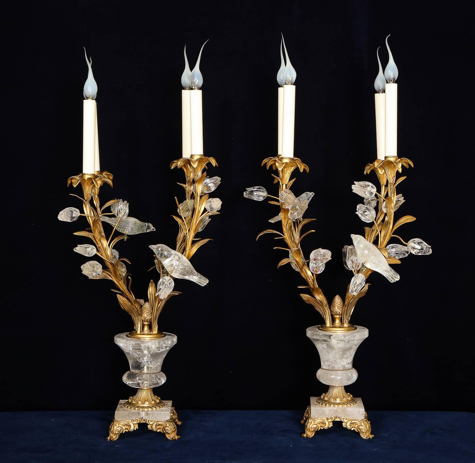 Hand-Carved Pair of Antique French Louis XVI Style Bagues Rock Crystal and Gilt Bronze Lamps