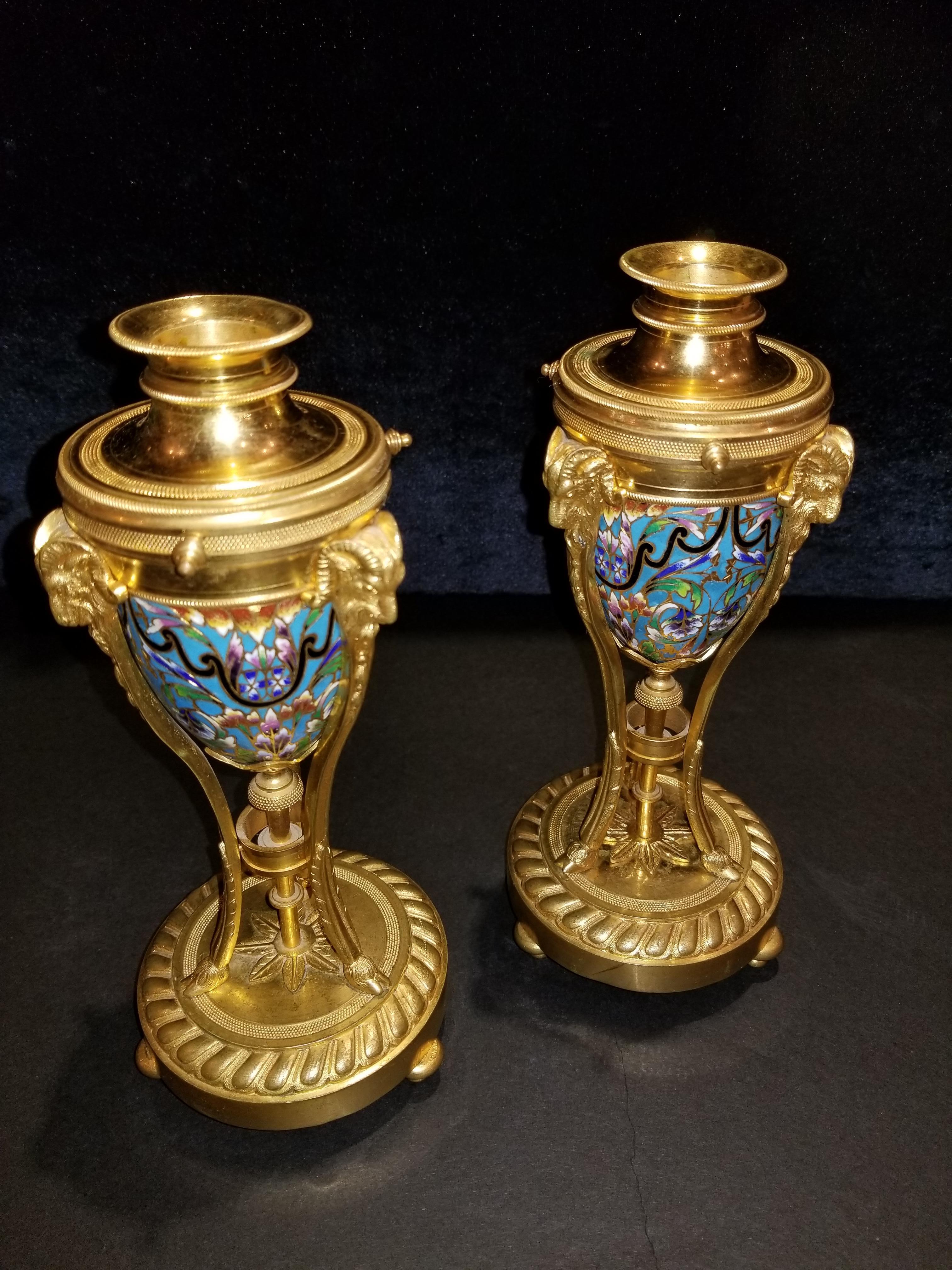 Pair of Antique French Louis XVI Style Cloisonné Enamel and Ormolu Cassolettes In Excellent Condition In New York, NY