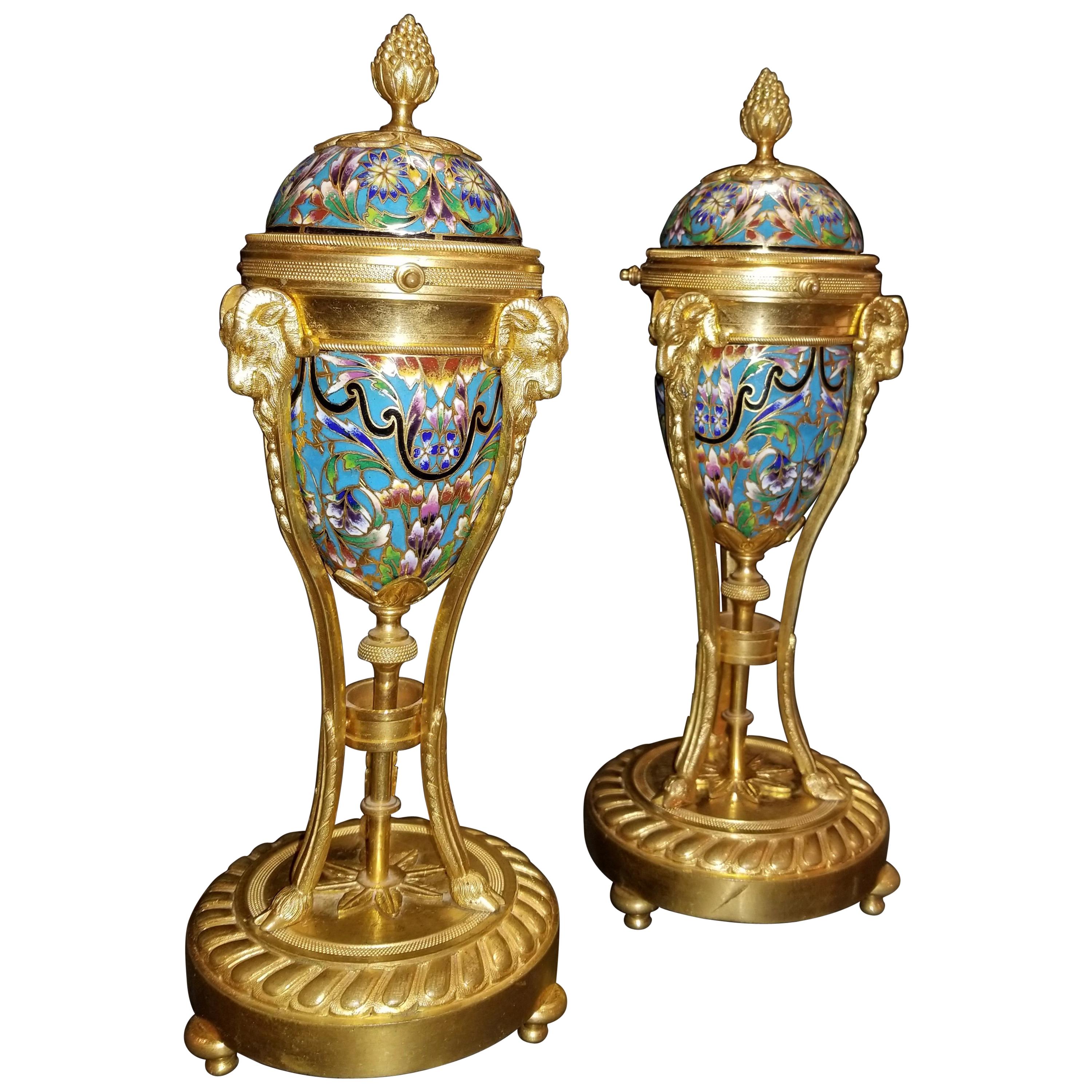 Pair of Antique French Louis XVI Style Cloisonné Enamel and Ormolu Cassolettes