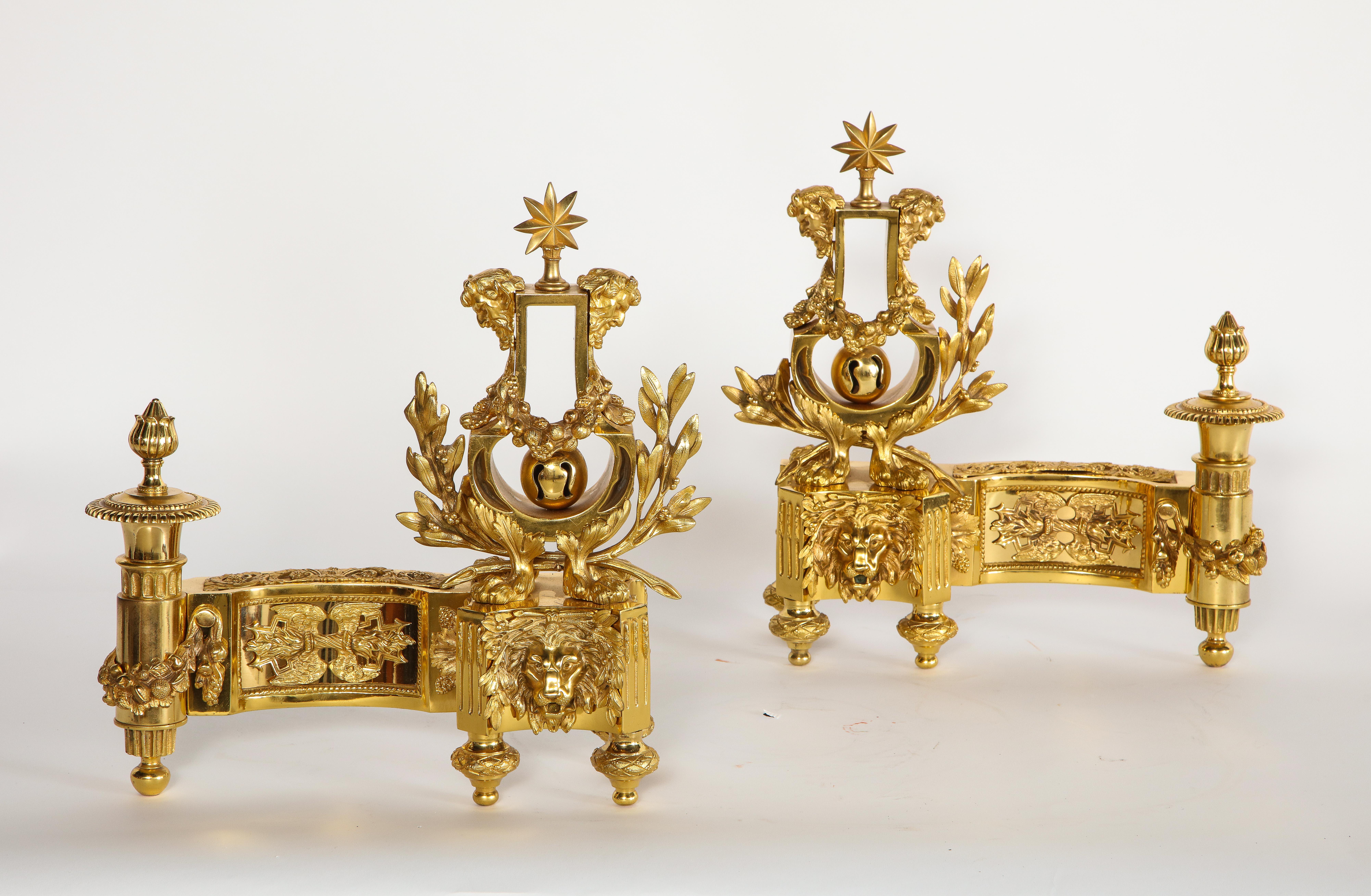Gilt Pair of Antique French Louis XVI Style Dore Bronze Lyre Form Andirons/Chennets For Sale