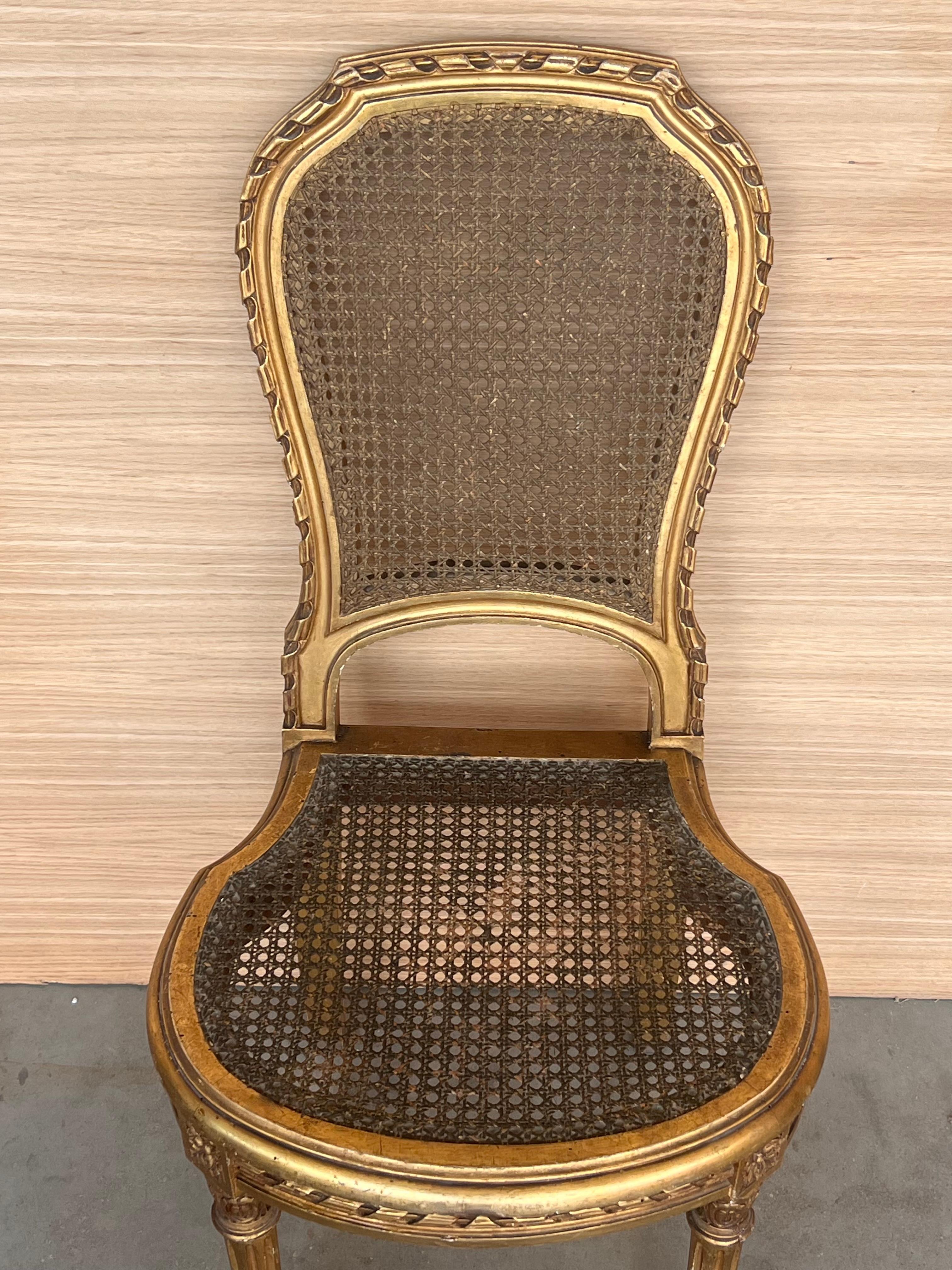 Pair of Antique French Louis XVI Style Gilted Dining Chairs with caned seats For Sale 2