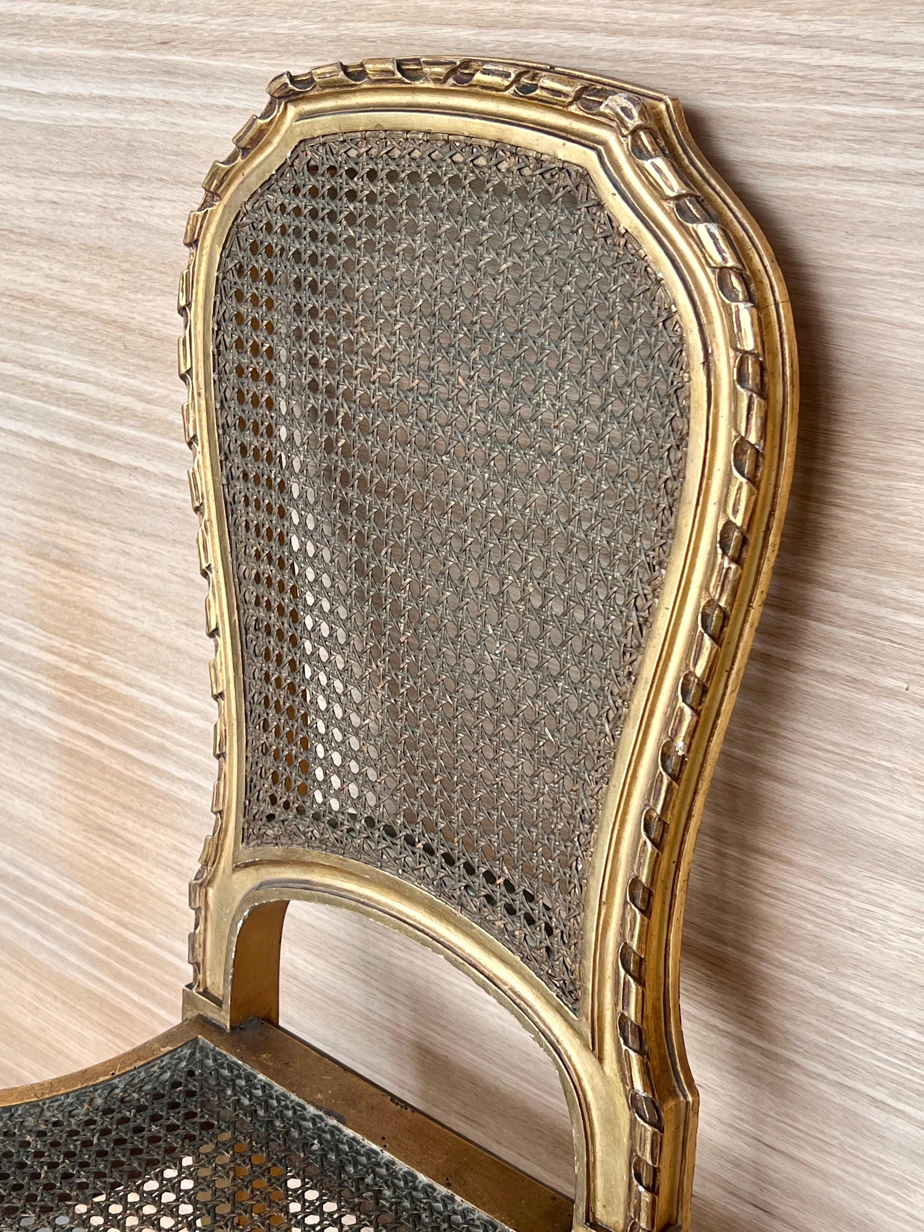 Pair of Antique French Louis XVI Style Gilted Dining Chairs with caned seats For Sale 3
