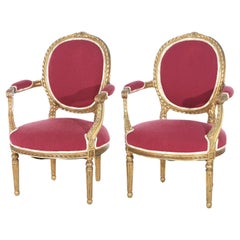 Pair of Antique French Louis XVI Style Giltwood Armchairs C1920