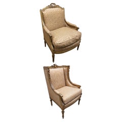 Pair of Antique French Louis XVI Style Giltwood Bergere Chairs