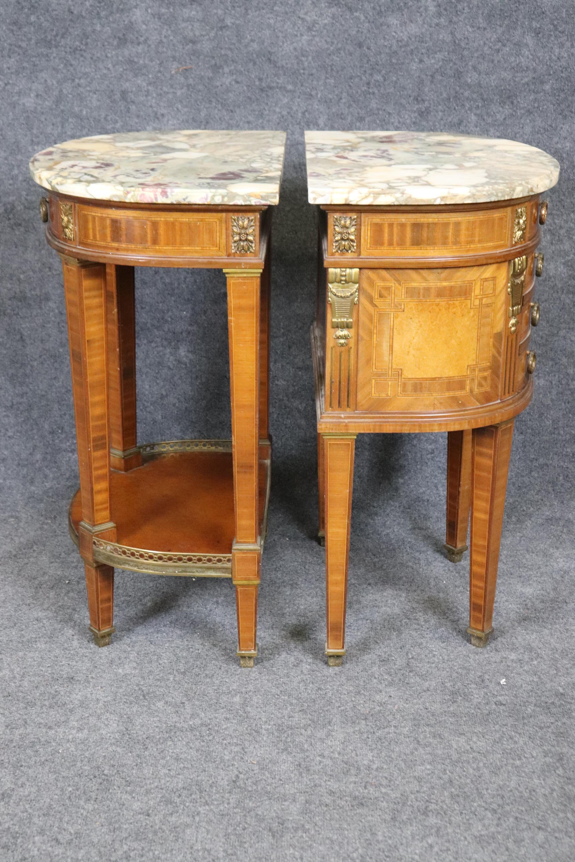 Cast Pair of Antique French Louis XVI Style Marble Top Nightstands By Mercier Frères