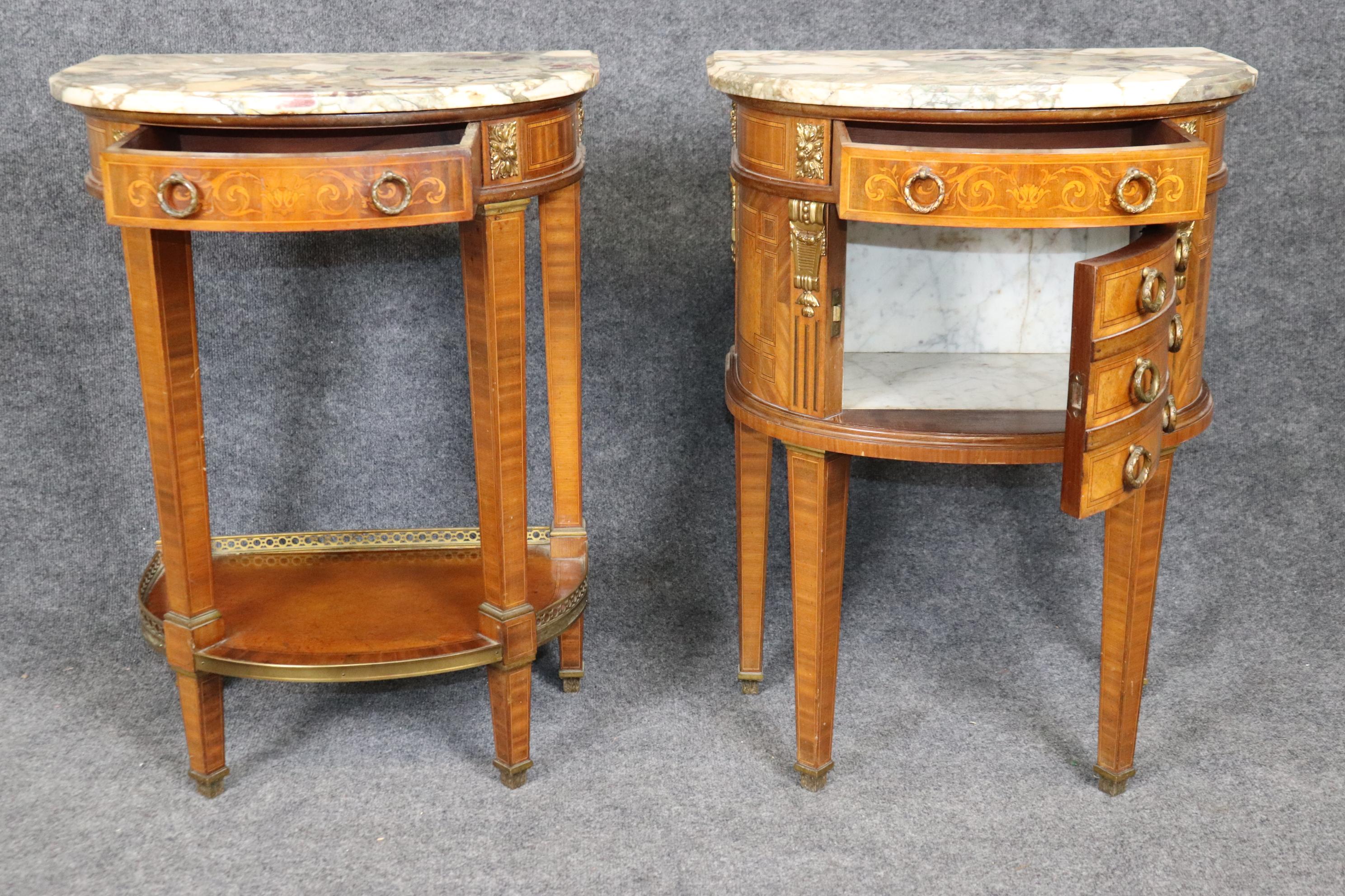 19th Century Pair of Antique French Louis XVI Style Marble Top Nightstands By Mercier Frères