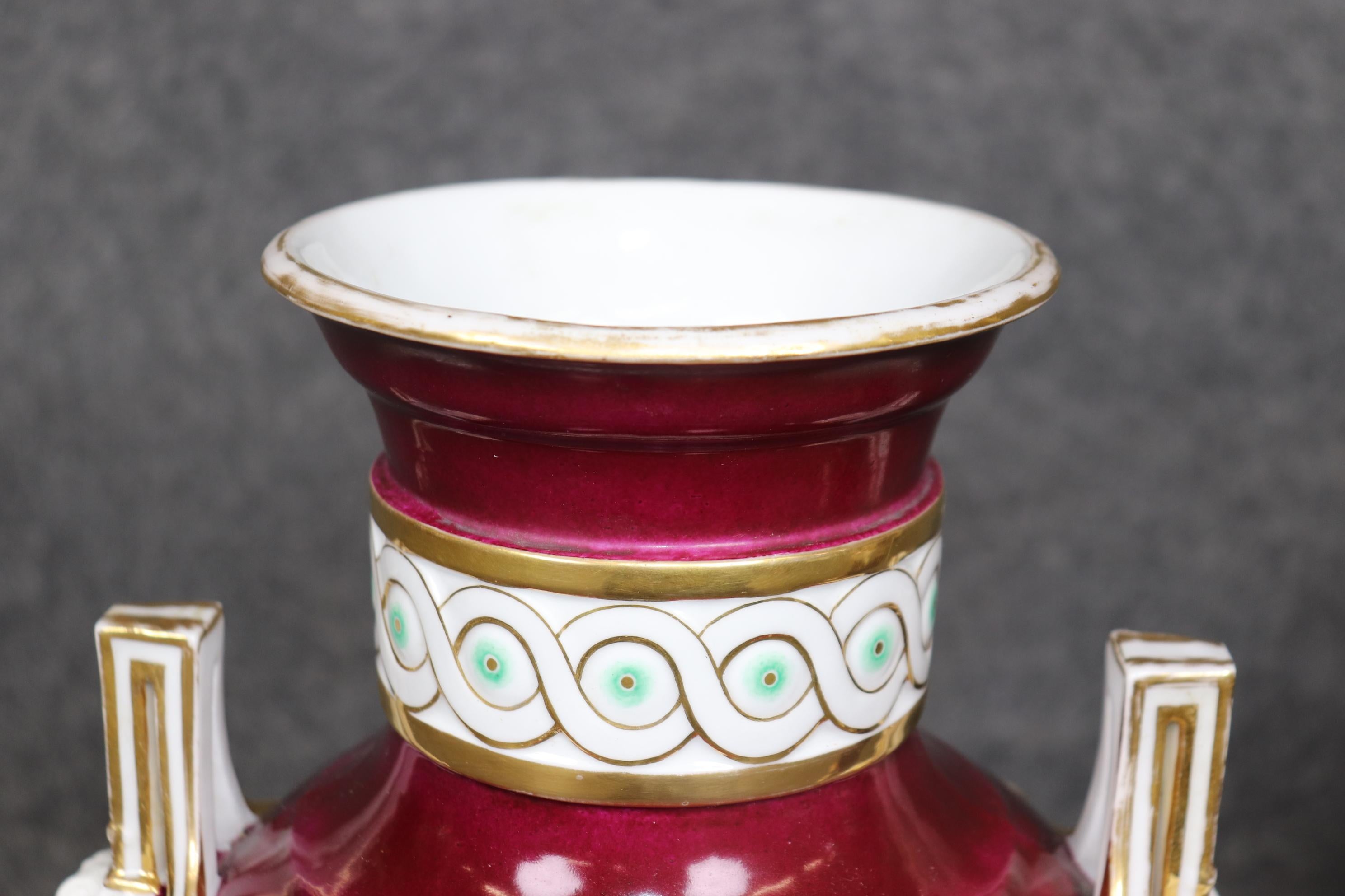 Pair of Antique French Louis XVI Style Old Paris Burgundy Porcelain Vases For Sale 6